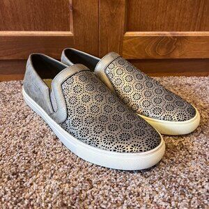 Boutique by Corky's Metallic Silver and White Slip-On Sneakers w Floral Design